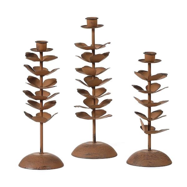 Set of 3 Rustic Brown Metal Taper Candle Holders-Antique Patina Candlesticks for Dining, Wedding, and Home Decor