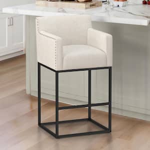 Luna 30 in. Linen Fabric Upholstered Counter Height Bar Stool with Black Metal Frame Square Counter Stool