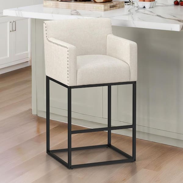 LUE BONA Luna 30 in. Linen Fabric Upholstered Counter Height Bar Stool with Black Metal Frame Square Counter Stool