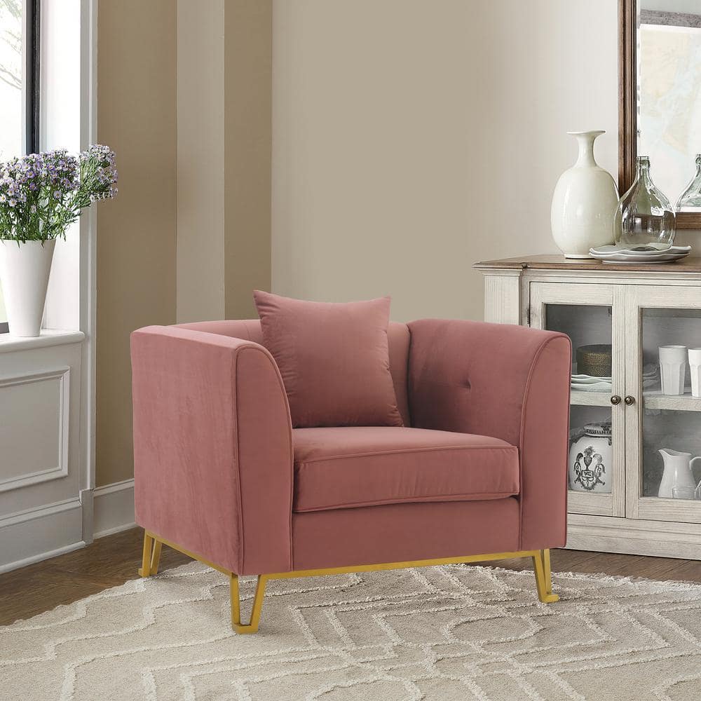 Transitional Pink Velvet Wood Accent Chair with Gold Legs