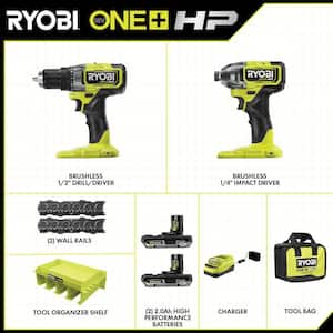 ONE+ HP 18V Brushless Cordless 2-Tool Combo Kit with Batteries, Charger, Bag, LINK Tool Organizer Shelf and Wall Rails