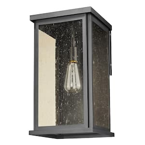 Lyons 17.75 in. Matte Black 1-Light Outdoor Wall Lantern with Seeded ChampagneGlass