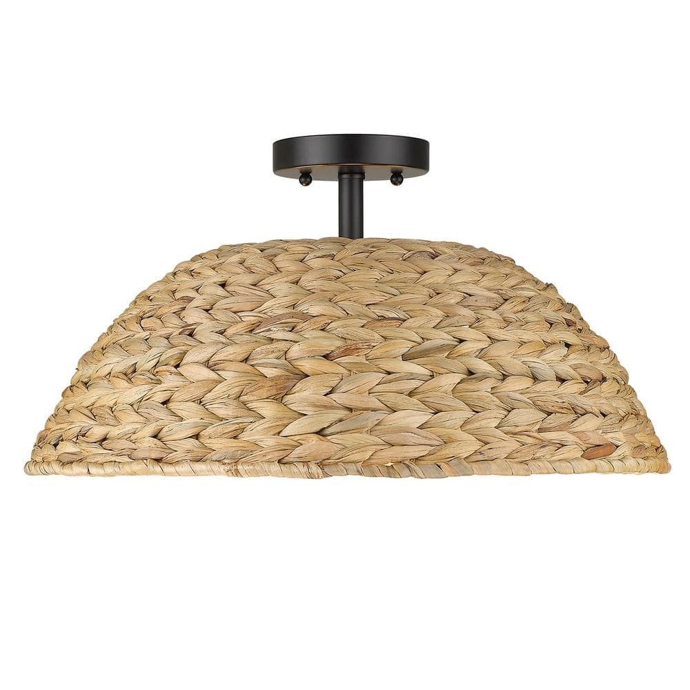 Matte Black and Woven Sweet Grass Semi-Flush Mount Light