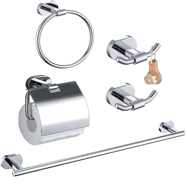 ruiling 5-Piece Bath Hardware Set in Polished Chrome with Towel Ring Toilet Paper Holder Towel Hook and 24 in. Towel Bar