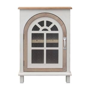 Natural Wood and White Wood Floor Cabinet with a Arched Glass Door