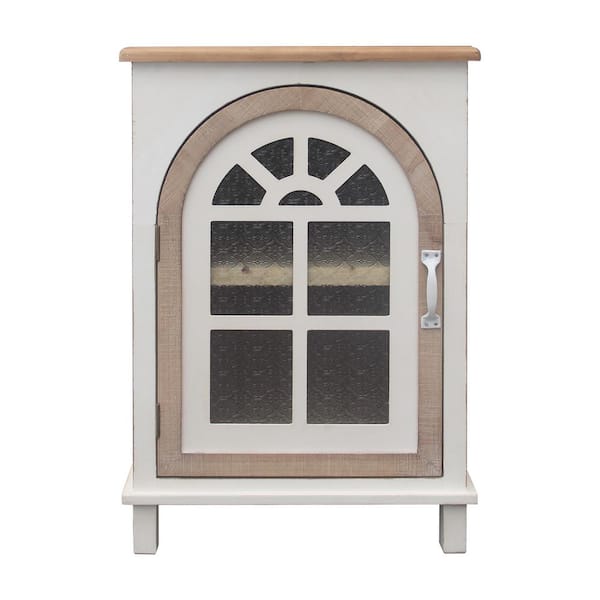 PARISLOFT Natural Wood and White Wood Floor Cabinet with a Arched Glass Door