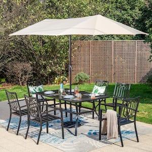 Black 8-Piece Metal Outdoor Patio Dining Set with Wood-Look Table, Umbrella and Fashion Stackable Chairs