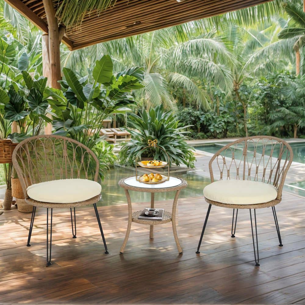 3-Piece Bistro Set, Natural Rattan Accent Chairs with Beige