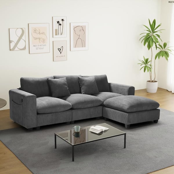 Hamilton 99in. Square Arm 4-Piece Corduroy Upholstered Modular Sectional Sofa Ottoman w/USB Charge Port in Charcoal Gray