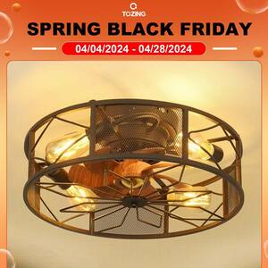19.6 in. Indoor Black Industrial Caged Farmhouse Flush Mount Ceiling Fan with Light Remote Control 6-Speed Reversible