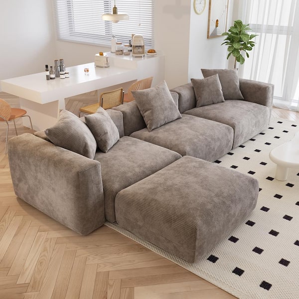 141.72 in. Square Arm Corduroy Velvet 4-Pieces Modular Free Combination Sectional Sofa with Ottoman in Brown