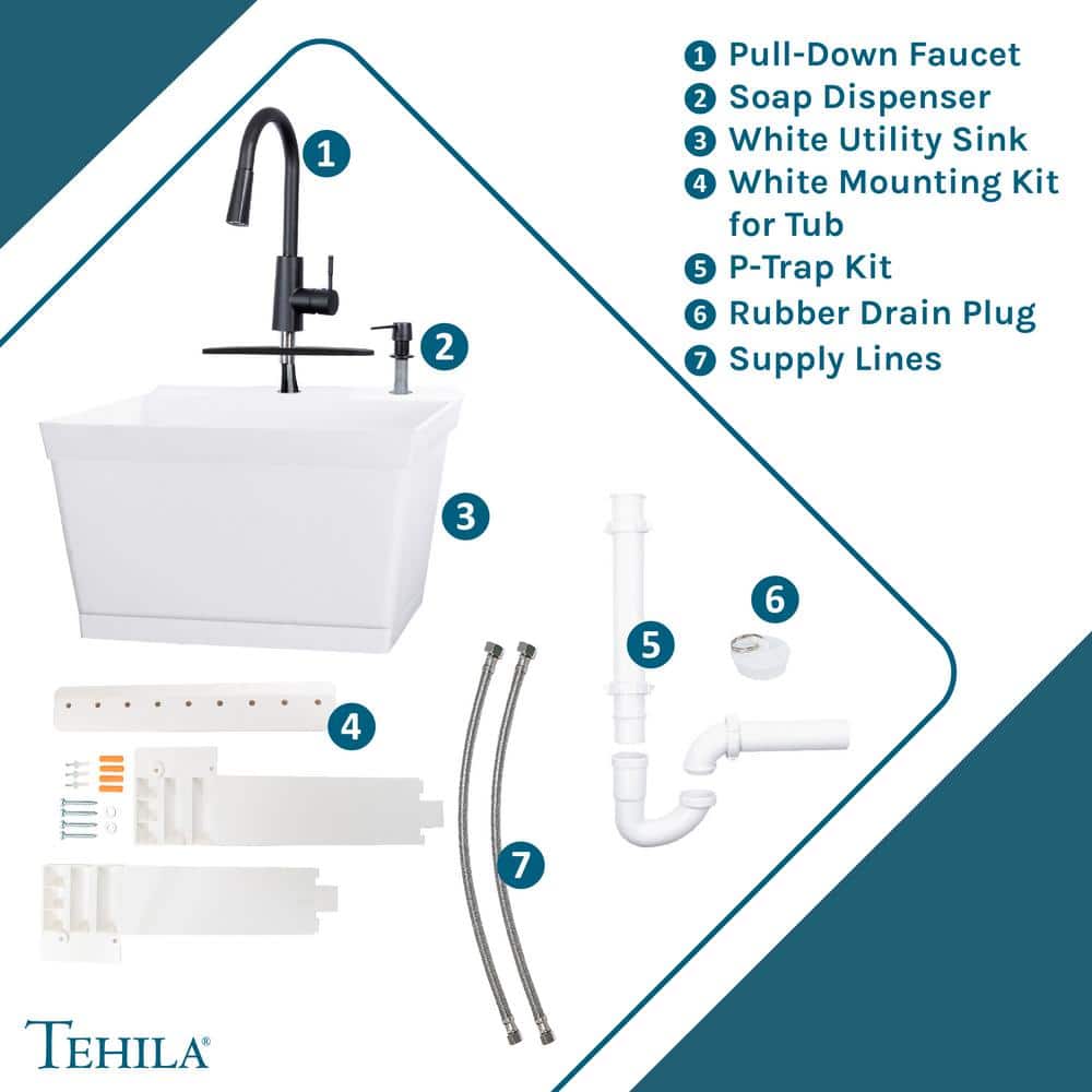 White Thermoplastic Wall Mounted Utility Sink with Matte Black Faucet