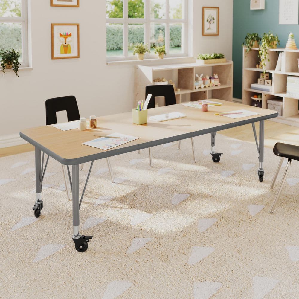 Wren Adjustable Light Natural Top/Silver Frame Rectangle Kids Activity Table with Thermal Laminate Top for 4