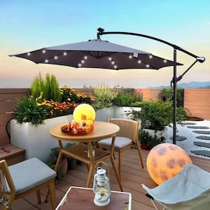 10 ft. Round 8 Ribs Steel Market Solar Tilt Patio Umbrella with LED Lights, Crank and Cross Base in Medium Grey