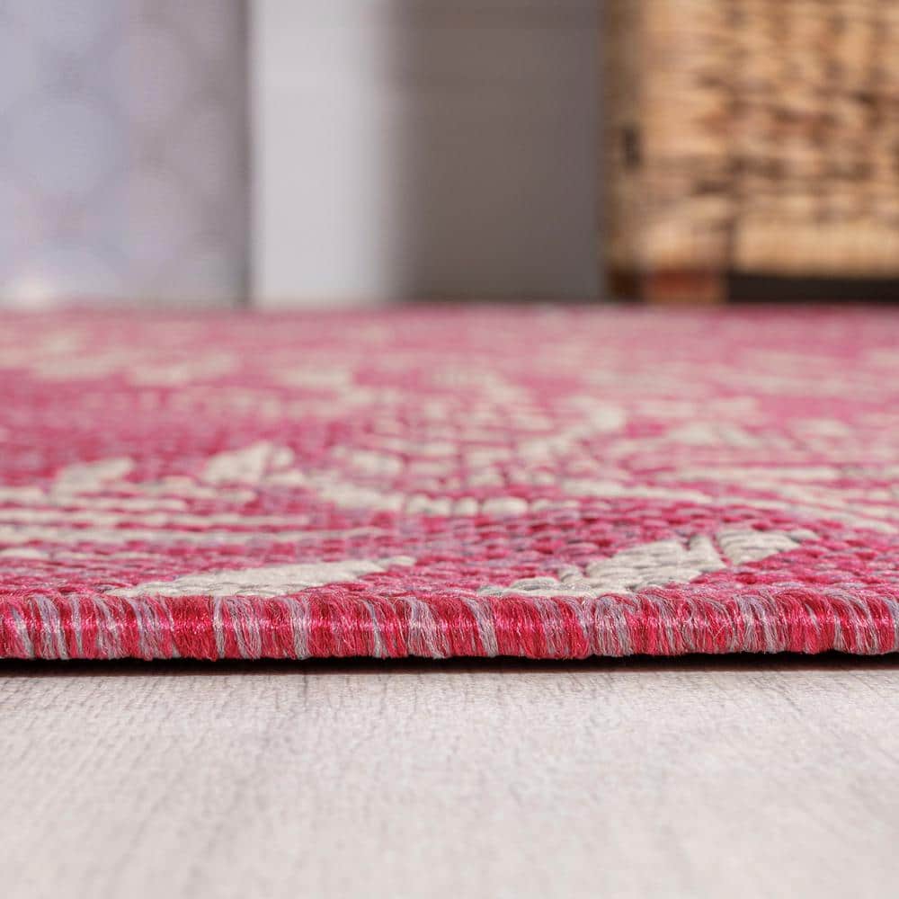 Fuchsia and Light Gray Palm Frond Synthetic Runner Rug, 2'-2" x 8'