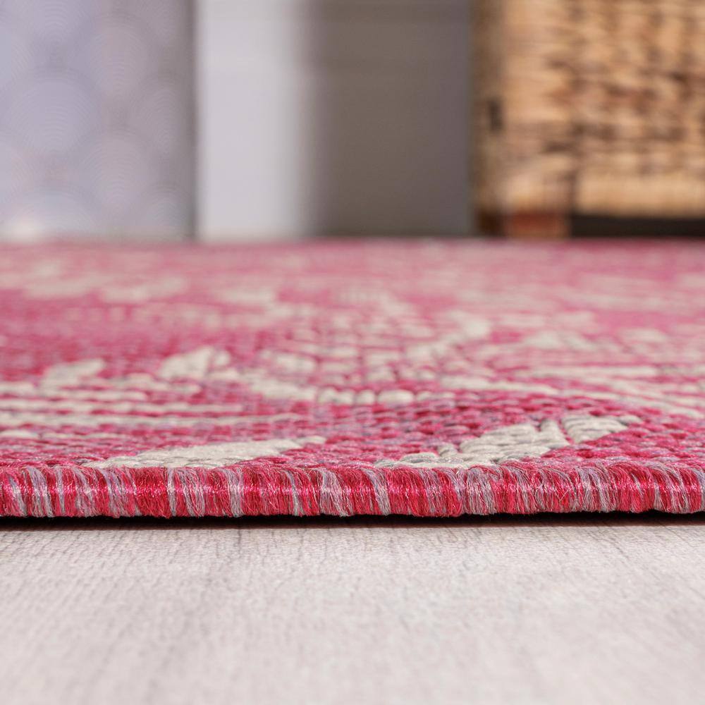 4' x 6' Fuchsia and Light Gray Synthetic Palm Frond Area Rug
