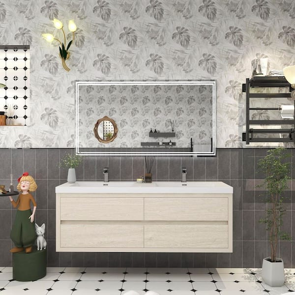 BV Better Vanity Louis 59 in. W x 20 in. D x 22 in. H Double Sink Floating Bath Vanity in Light Wood with White Acrylic Top