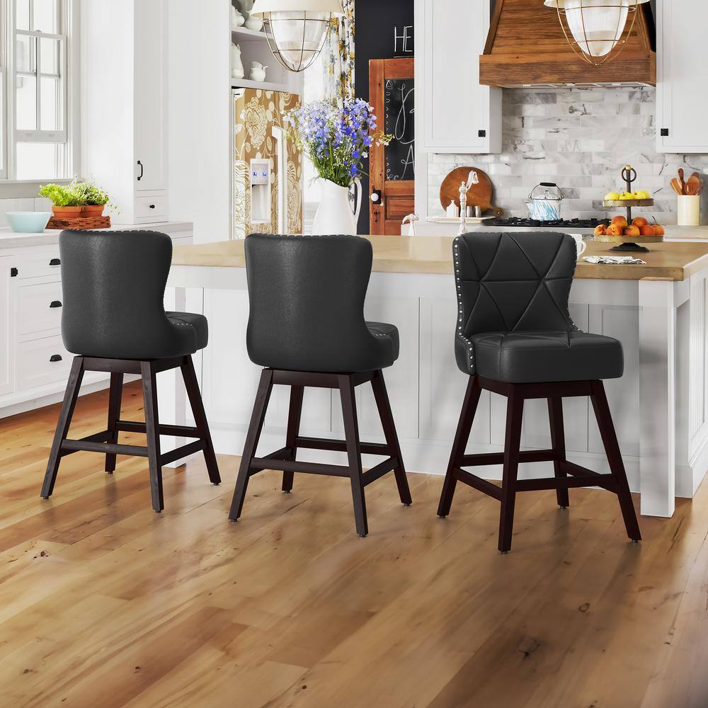 Black Faux Leather Swivel Counter Stools with Wood Frame, Set of 3