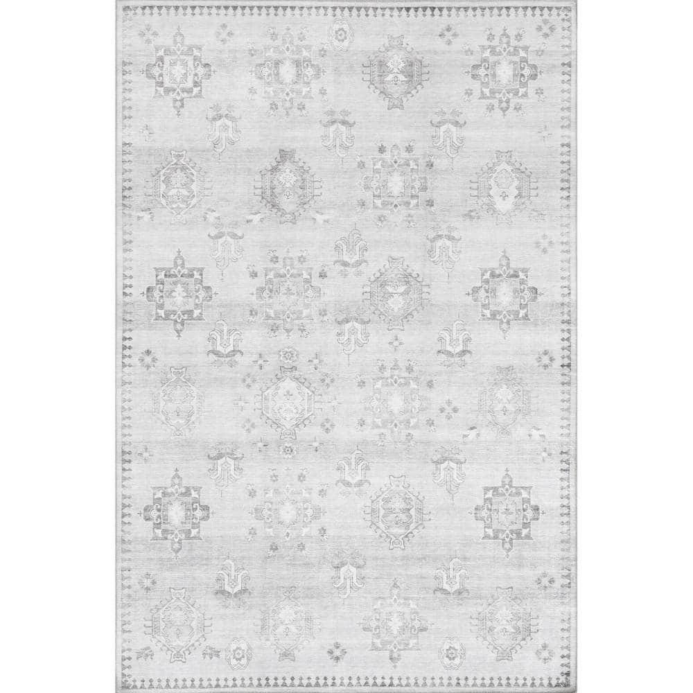 nuLOOM Krystin Machine Washable Light Grey 8 ft. x 10 ft. Distressed