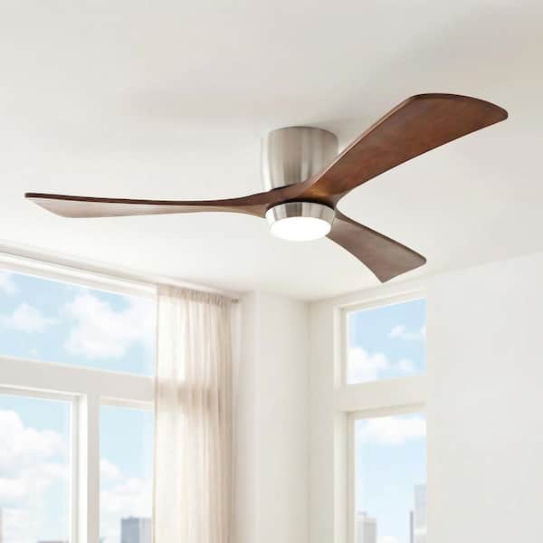 52 in. Integrated LED Indoor Flush Mount Brushed Nickel/Walnut Standard Ceiling Fan with Light and Remote 6-Speed
