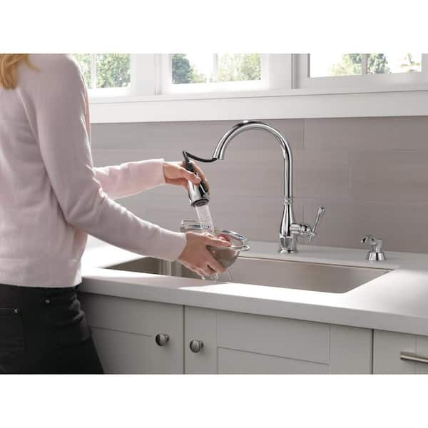 Single Handle Pull-Down Kitchen Faucet with Soap Dispenser and ShieldSpray  Technology in Chrome 19805Z-SD-DST