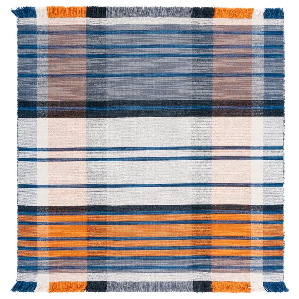 Blue and Orange Striped Wool Square Area Rug