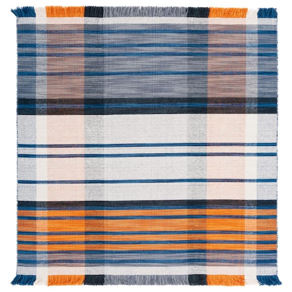 SAFAVIEH Striped Kilim Orange Blue 6 ft. x 6 ft. Plaid Striped Square Area Rug