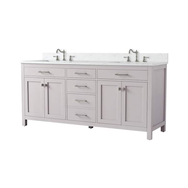Jasper 72 in. W x 22 in. D Bath Vanity in Taupe with Engineered Stone Vanity Top in Carrara White with White Sinks