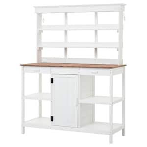 50.2 in. x W x 66 in. H White Outdoor Farmhouse Wooden Potting Bench Table with 2-Drawers, Cabinet and Open Shelves