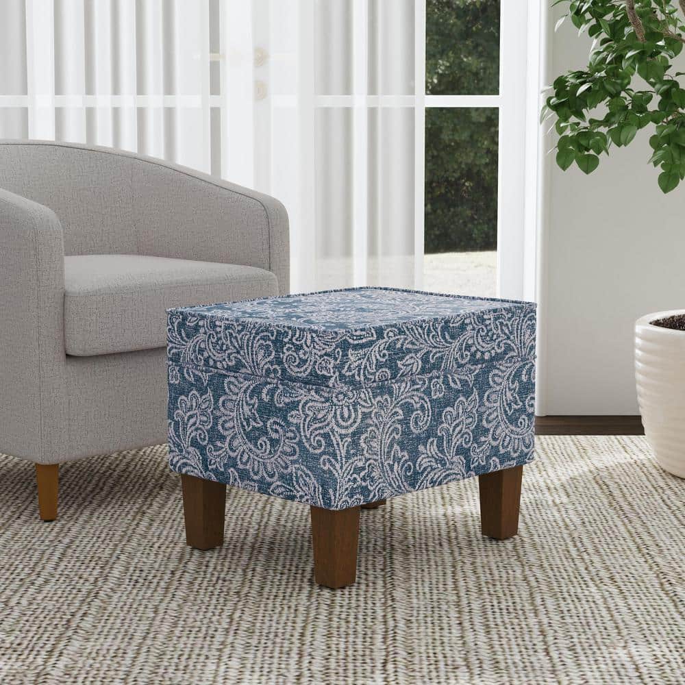 Medium Blue Denim Jacobean Print Storage Ottoman with Hinged Lid