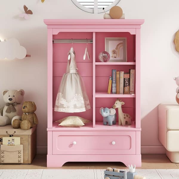 URTR Pink Wood 31.5 in. Kids Armoires with Drawer Children's Wardrobe with Hanging Rod and Shelves Low Dress-up Storage