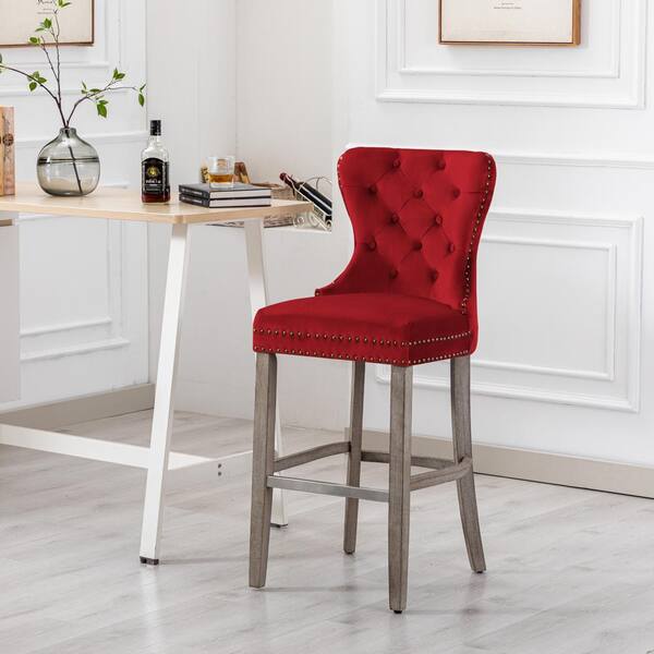 Harper 29 in. High Back Nail Head Trim Button Tufted Red Velvet Counter Stool with Solid Wood Frame in Antique Gray