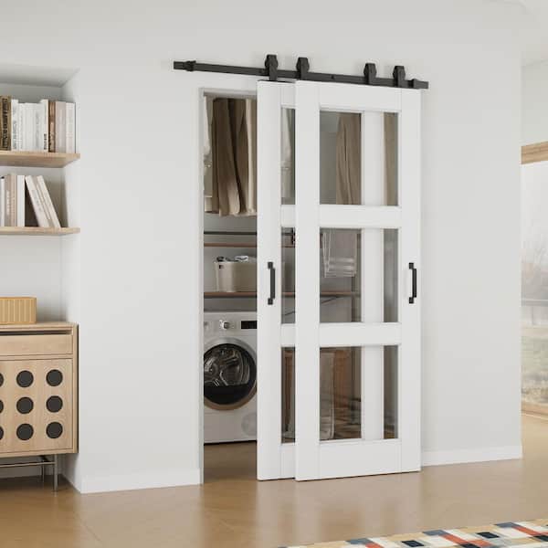 ARK DESIGN 48 in. x 80 in. (Double 28 in. ) 3 Lite Clear Glass White Primed MDF Sliding Barn Door with Hardware Kit Bypass