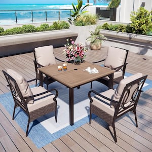 5-Piece Metal Square Patio Outdoor Dining Set with Wood-Look Table and Stationary Chairs with Beige Cushions