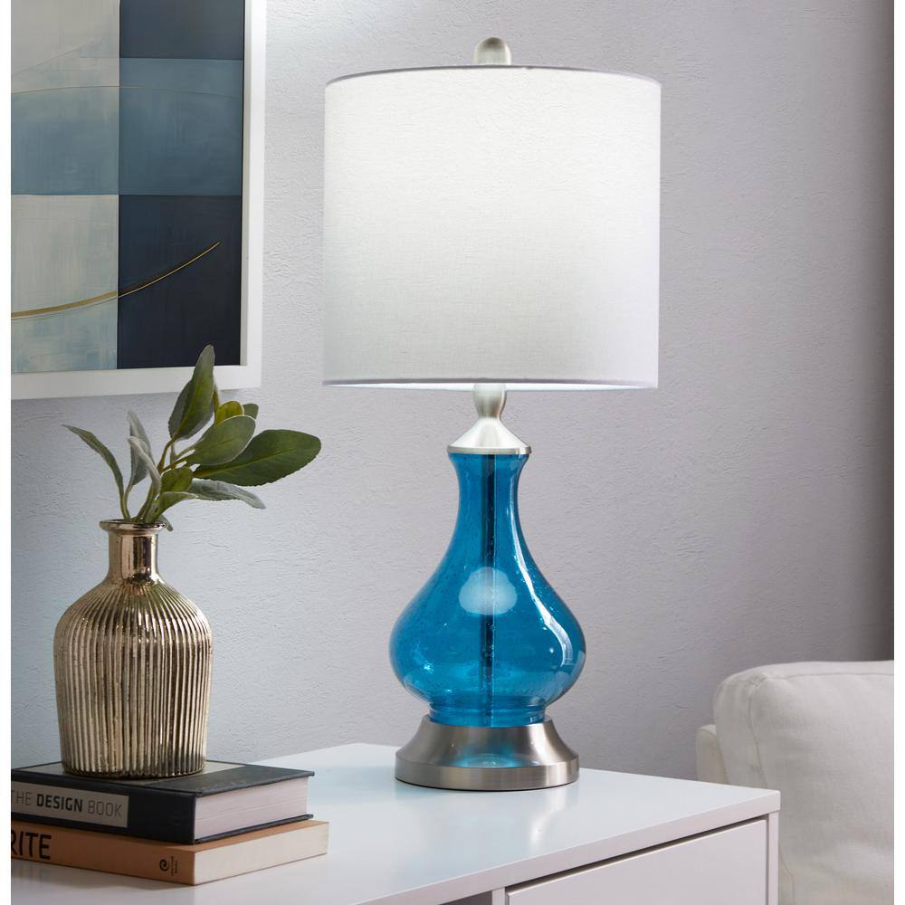 Jasmine 22" Blue Seeded Glass Table Lamp with White Linen Shade
