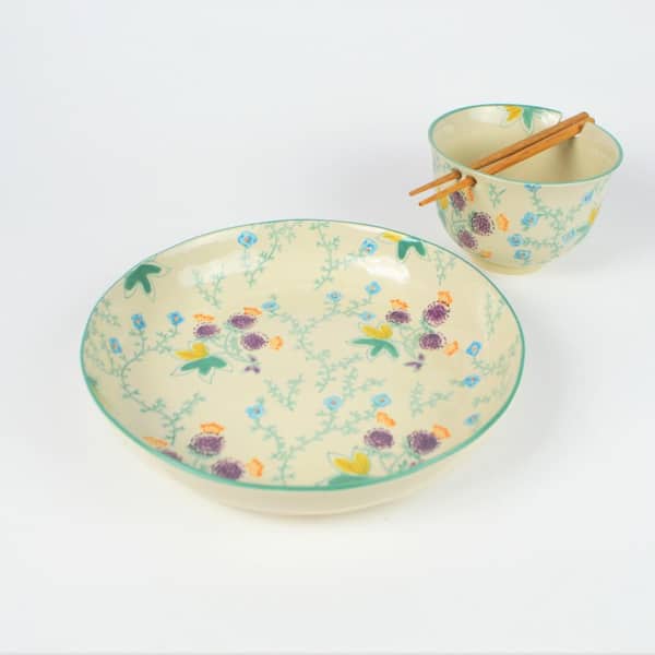 Euro Ceramica Ella 28 fl. oz. Aqua Multi-Colored Stoneware Dinner and Ramen Bowls (Set of 4)