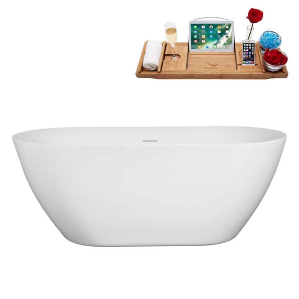 Streamline 59 in. x 28 in. Acrylic Freestanding Soaking Bathtub in Glossy White with Matte Oil Rubbed Bronze Drain, Bamboo Tray