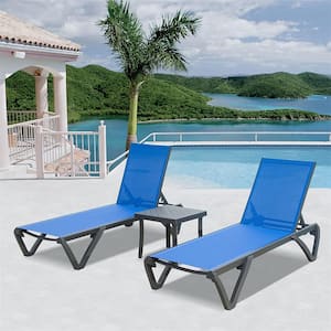 Adjustable Backrest Back Frame 2-Piece Metal Outdoor Chaise Lounge with Table in Blue