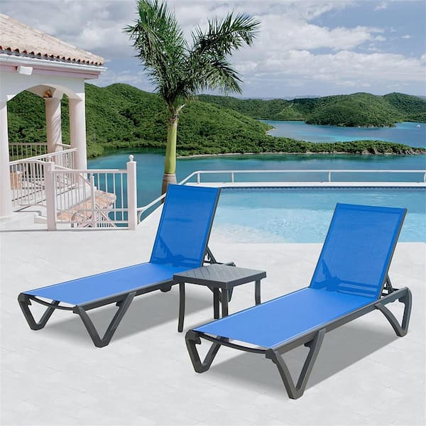 Cesicia Adjustable Backrest Back Frame 2-Piece Metal Outdoor Chaise Lounge with Table in Blue