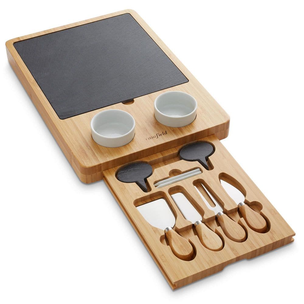 Bamboo Charcuterie Cheese Board Set with Slate and Ceramic Bowls