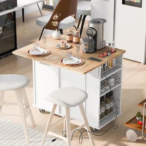 White Rubberwood Tabletop Drop Leaf 39.8 in. Kitchen Island Cart with Power Outlet Open Storage and Wine Rack