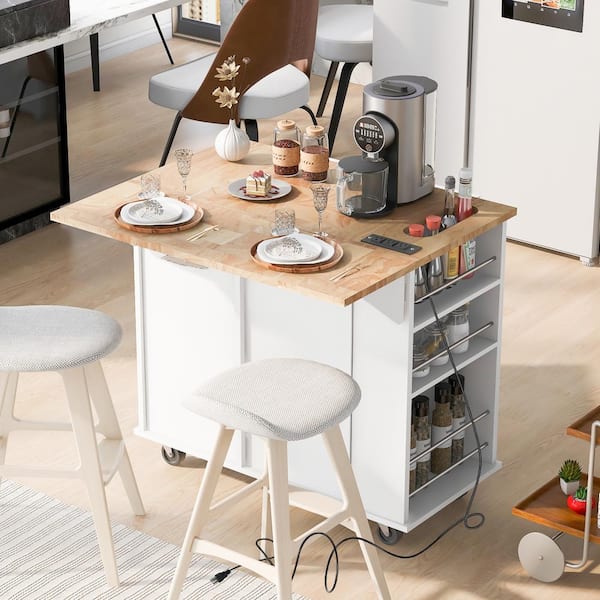Cesicia White Rubberwood Tabletop Drop Leaf 39.8 in. Kitchen Island Cart with Power Outlet Open Storage and Wine Rack
