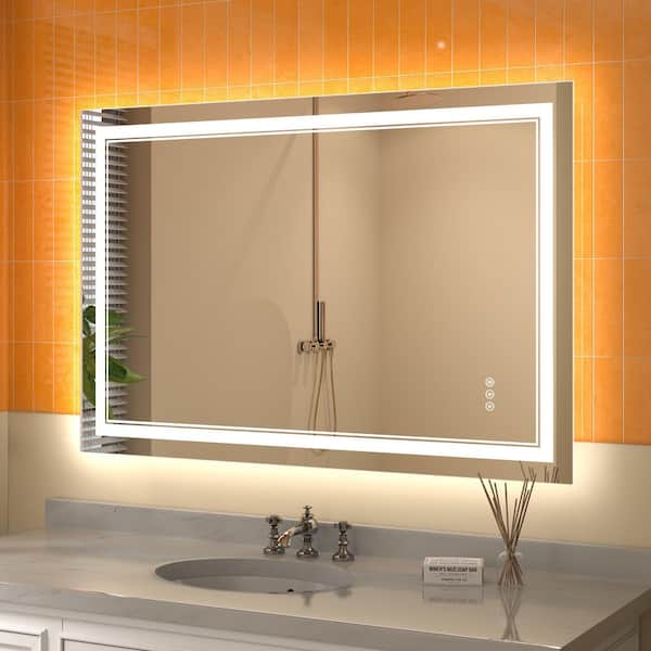 ExBrite Derrin 48 in. W x 32 in. H Large Rectangular Frameless Anti-Fog Dimmable LED Wall Bathroom Vanity Mirror in Silver