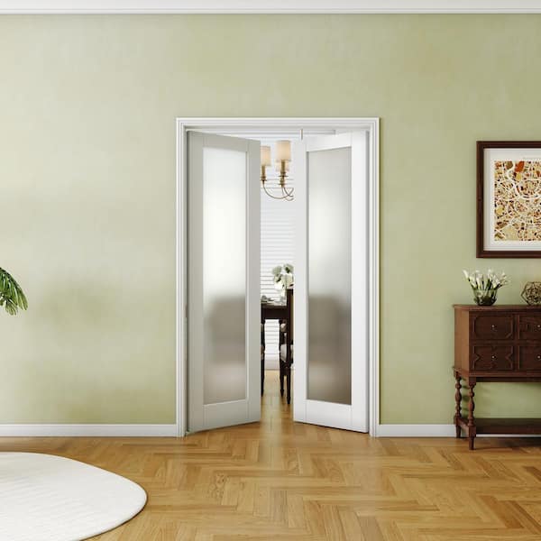 24 in. x 80 in. MDF 1-Lite Frosted Glass, White Interior Door Panels Double Pantry Door Slab Prefinished