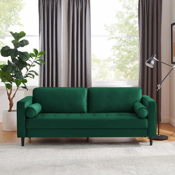 MINIMORE Zakari 81.5 in. W Square Arm Velvet Mid-Century 3-Seat Straight Sofa with Solid wood Legs in Green
