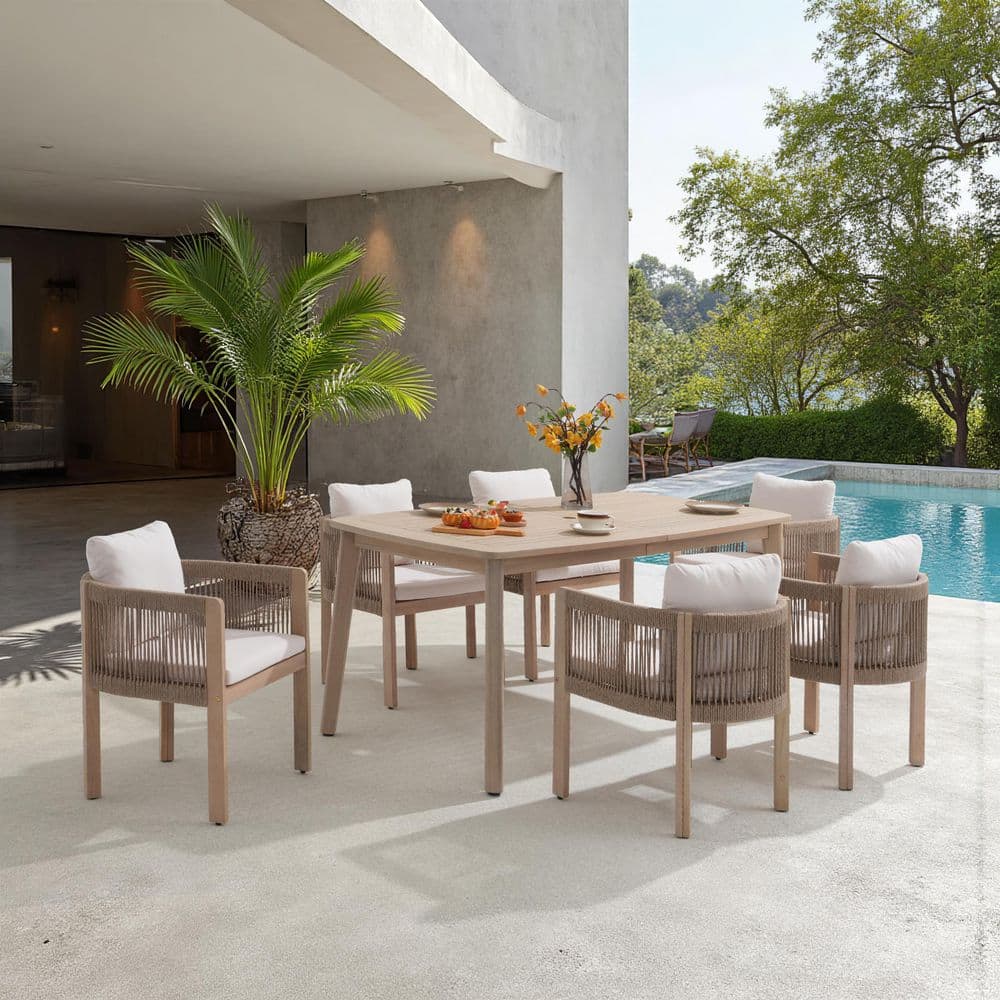 7-Piece Acacia Wood & Rope Outdoor Dining Set with Racetrack Oval Table & Umbrella Hole, Beige Cushions price history on PriceWatchPro