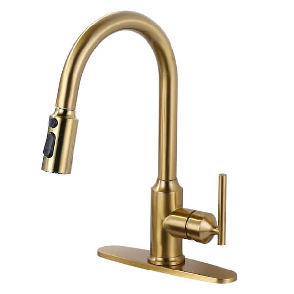 WOWOW Gold 15 in. H Pull Down Sprayer Kitchen Faucet with 360-Degree Spout Swivel