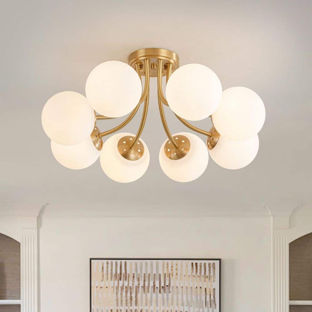 26.38 in. 8-Light Brass Modern Semi-Flush Mount Ceiling Light Fixture Mid Century Globe Chandelier with Milk Glass Shade price history on PriceWatchPro