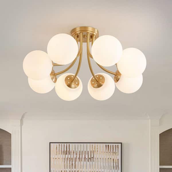 26.38 in. 8-Light Brass Modern Semi-Flush Mount Ceiling Light Fixture Mid Century Globe Chandelier with Milk Glass Shade