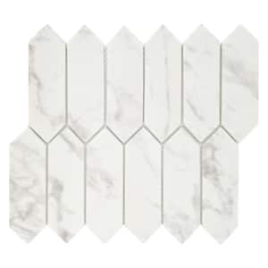 White Calacatta Picket 9.5" x 10.9" Long Hexagon Recycled Glass Marble Looks Mosaic Floor & Wall Tile (7.21 sq. ft./Box)